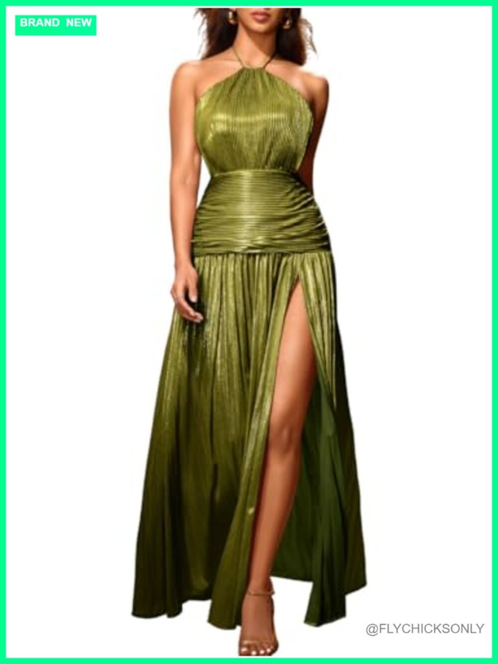 Metallic Pleated Sparkly Halter Maxi Dress with High Slit